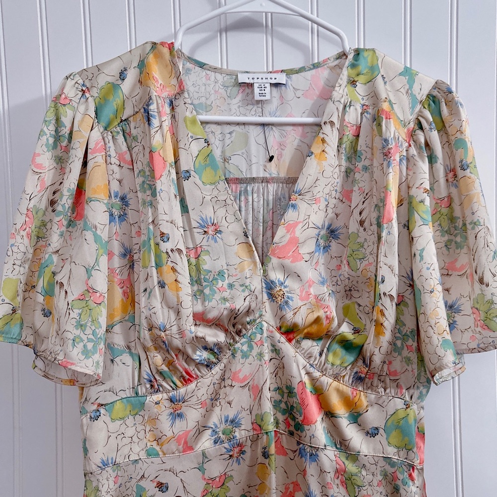 Topshop Willow Floral Angel Sleeve Satin Midi Dress Size 8 - Picture 9 of 14